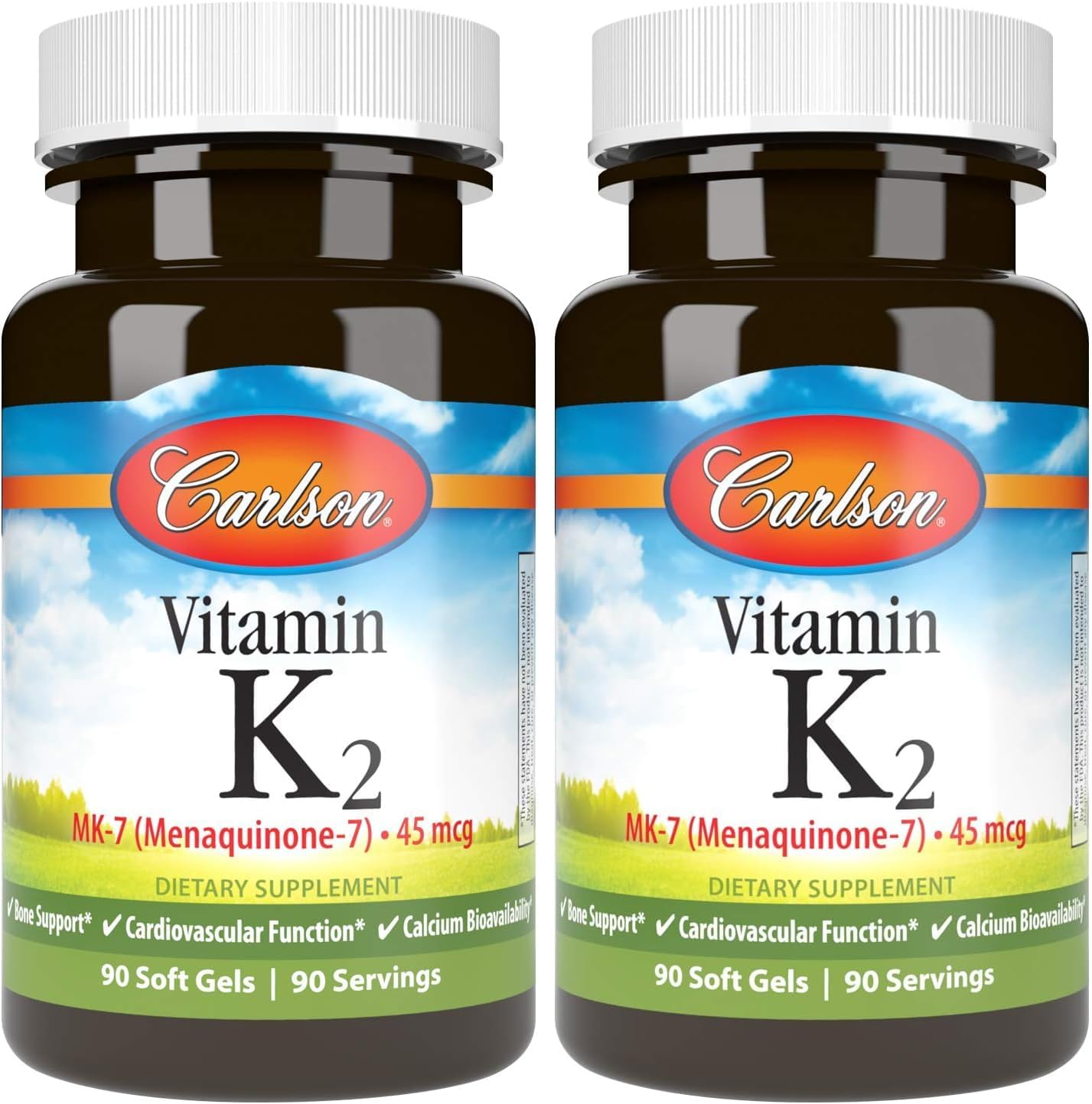 Carlson - Vitamin K2 MK-7 (Menaquinone), 45 mcg, Bone Support, Calcium Bioavailability, K2 Vitamin, Vitamin K-2, 90 Softgels (Pack of 2)