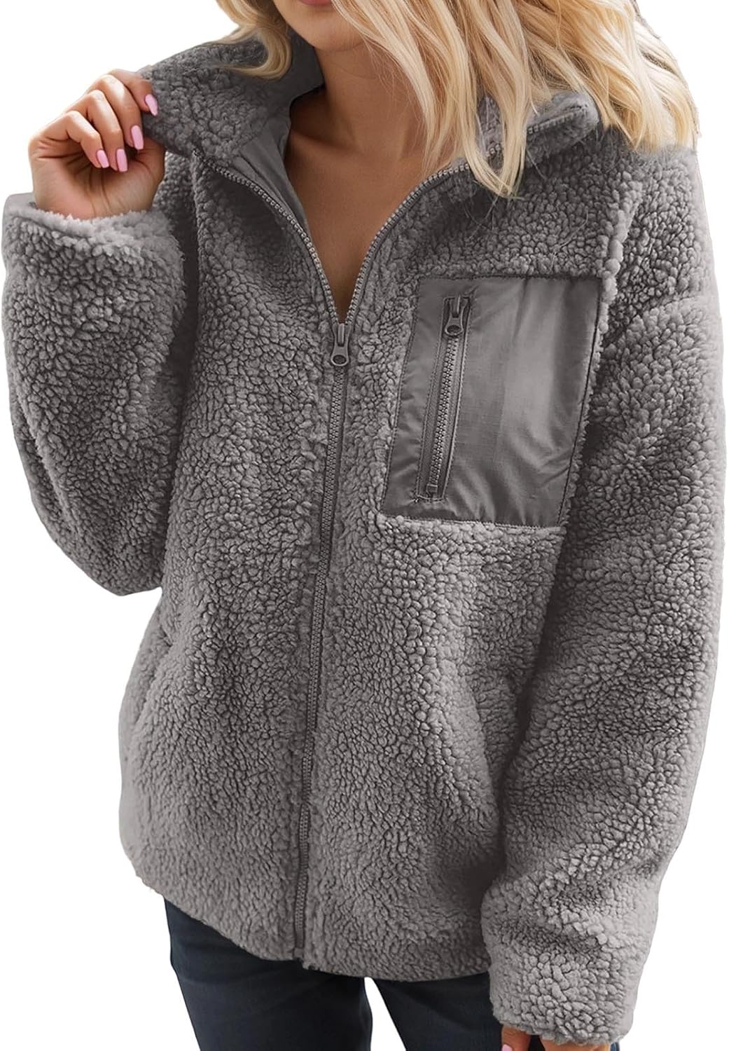Generisch Women's Winter Jacket Warm Long Sleeve Polar Fleece Jacket Zip with Pockets