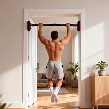 Pull Up Bar for Doorway, Adjustable Door Gym Bar 65-100cm, No Drill Chin Up Bar for Home Workout, Heavy Duty Upper Body Training Bar for Pull Ups, Sit Ups, Core Fitness Exercise, Black Red