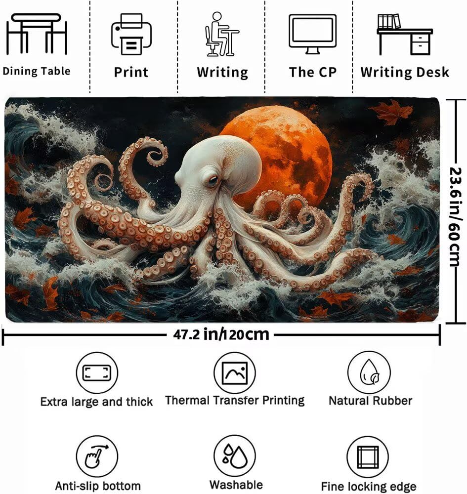 Podkładka pod mysz XXL 1200 x 600 x 3 mm, duża ośmiornica dla graczy, podkładka pod mysz dla graczy z wodoodporną antypoślizgową gumową podstawą, mata na biurko do gier. Idealny prezent dla mężczyzn
