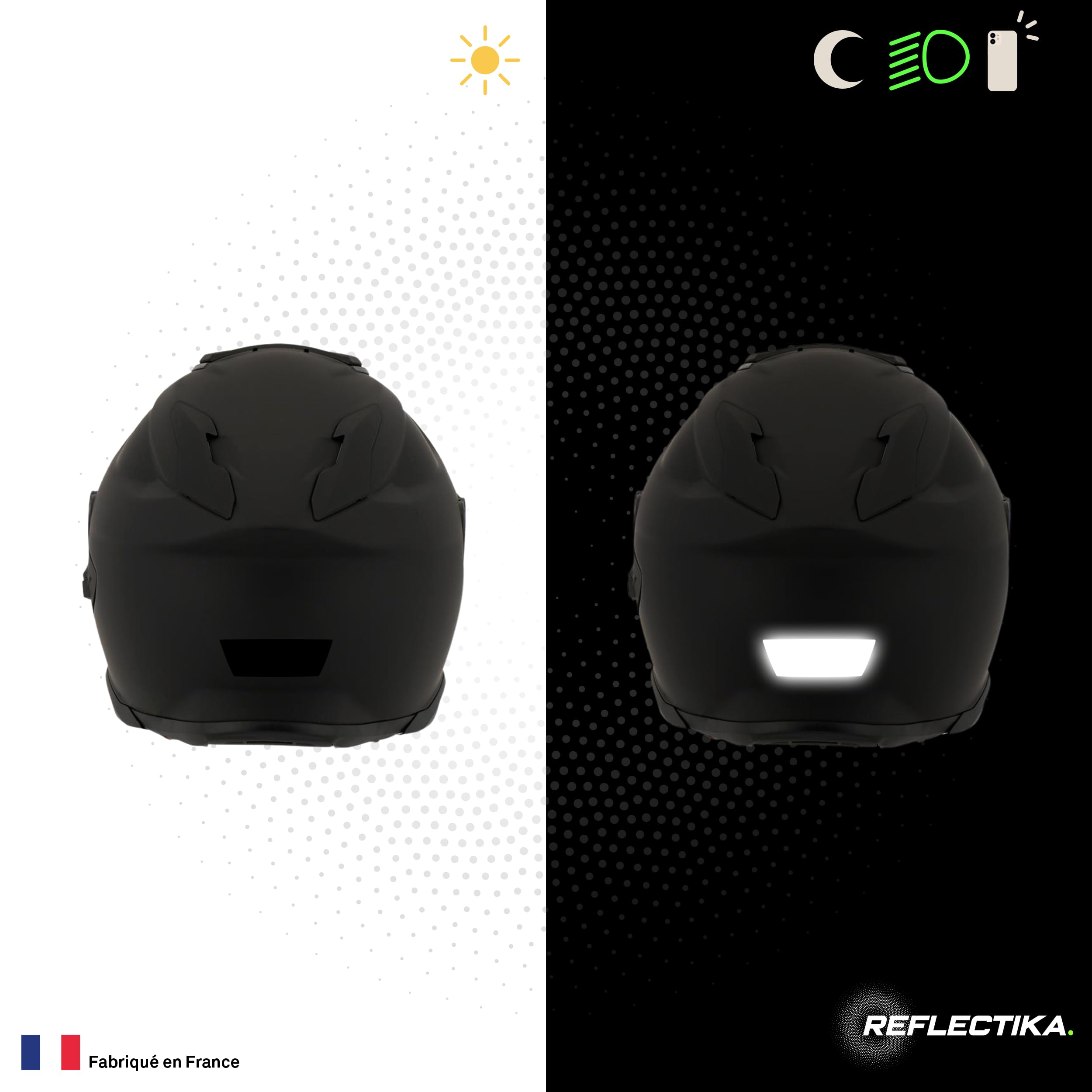 B REFLECTIVE - 6 x 10 Kit Stickers Noir Rétro Réfléchissants Universels - Autocollants Casque, Moto, Vélo, Trottinette,... - Technologie 3M™ - Visibilité & Adhérence - Discret & Design