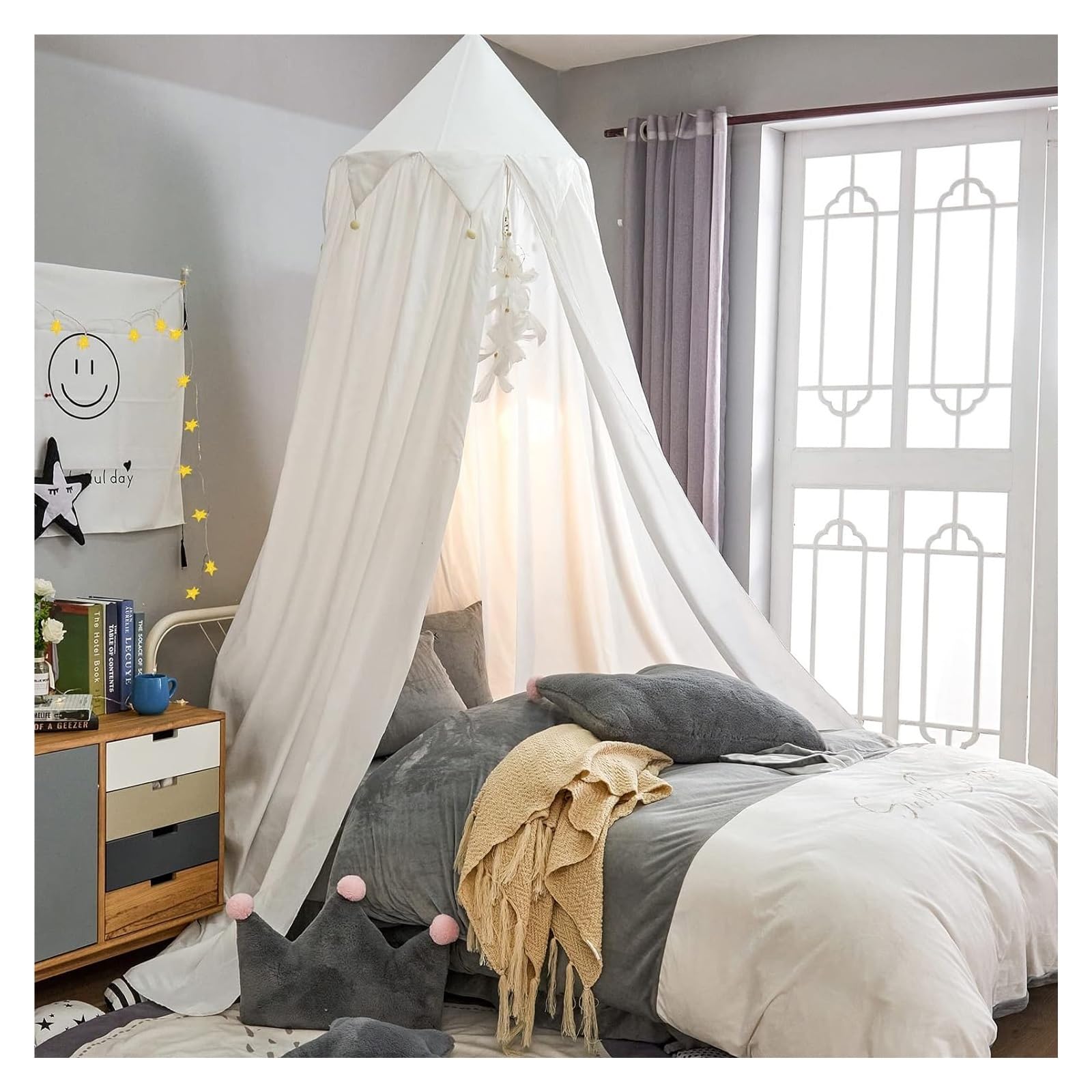 Tenda da Letto, Baldacchino da Letto, baldacchino sospeso a Cupola Rotonda for mazzetta for Bambini Arredamento della Camera for Angolo di Lettura Castello Gioco for Interni ed Esterni(White)