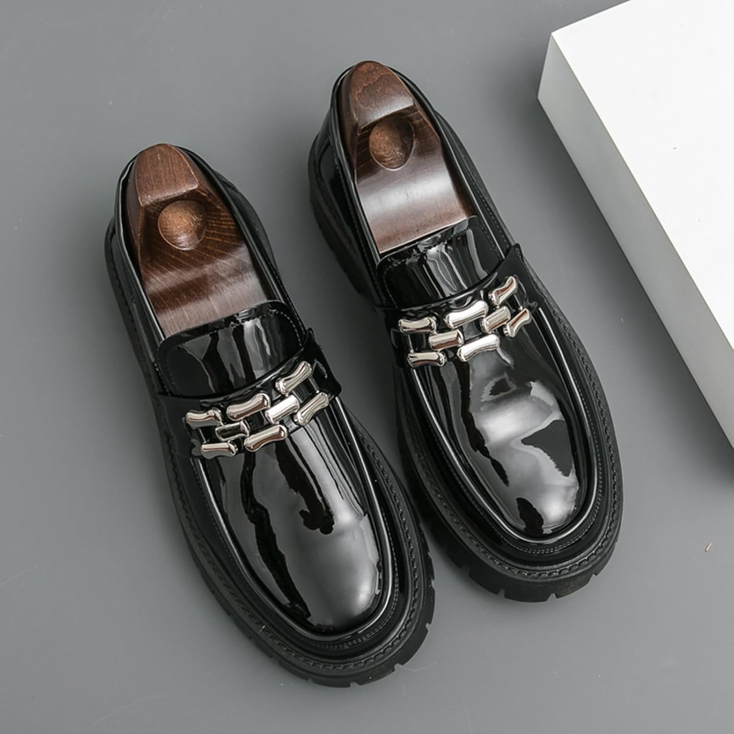 Fashion Chunky Platform Penny Loafers for Men's with Decoration Luxury Round Toe Slip-On Block Heel Business Dress Shoes Daily Non-Slip Lug Sole Casuals