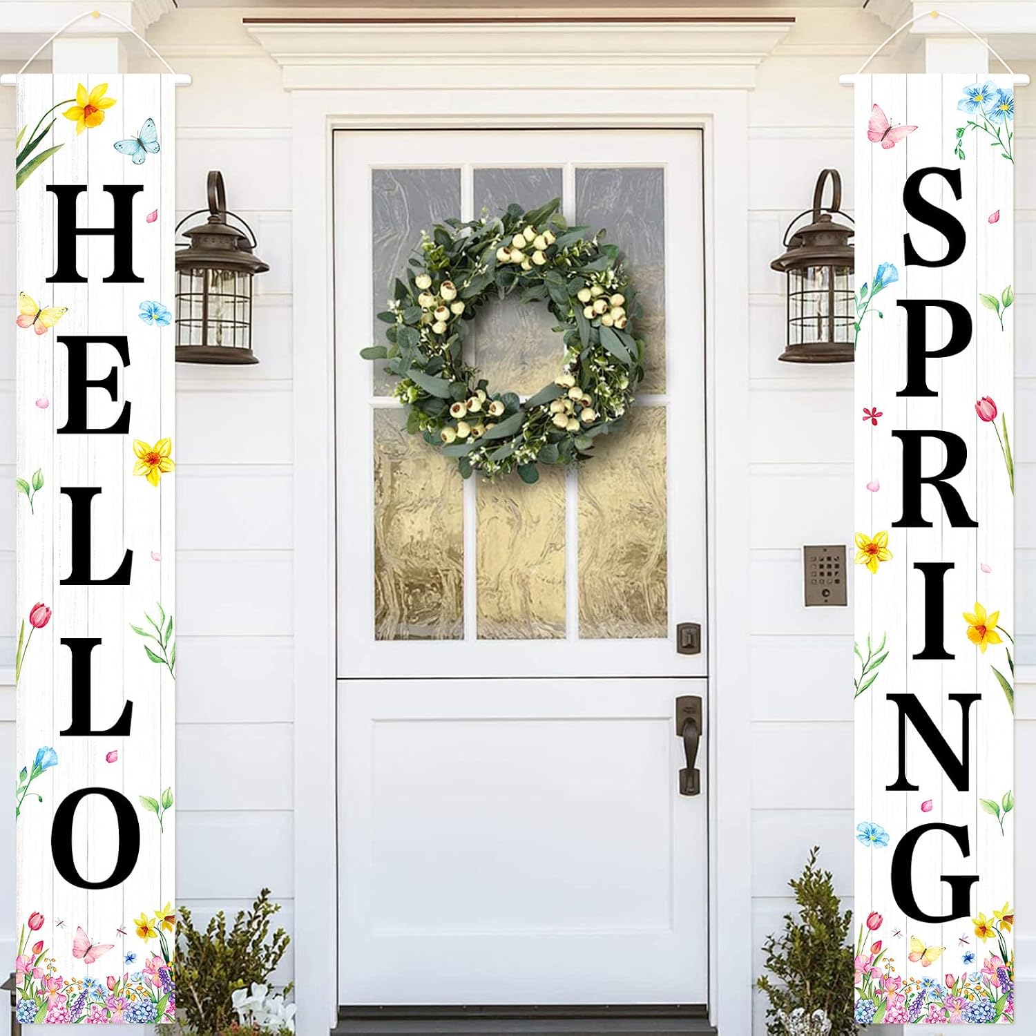 71 x 12 Inches Hello Spring Porch Banner Set – Rustic White Wood Door Hanging Signs with Flowers, Butterflies, and Floral Accents for Farmhouse, Garden, and Spring Porch Decorations Indoor Outdoor image 3