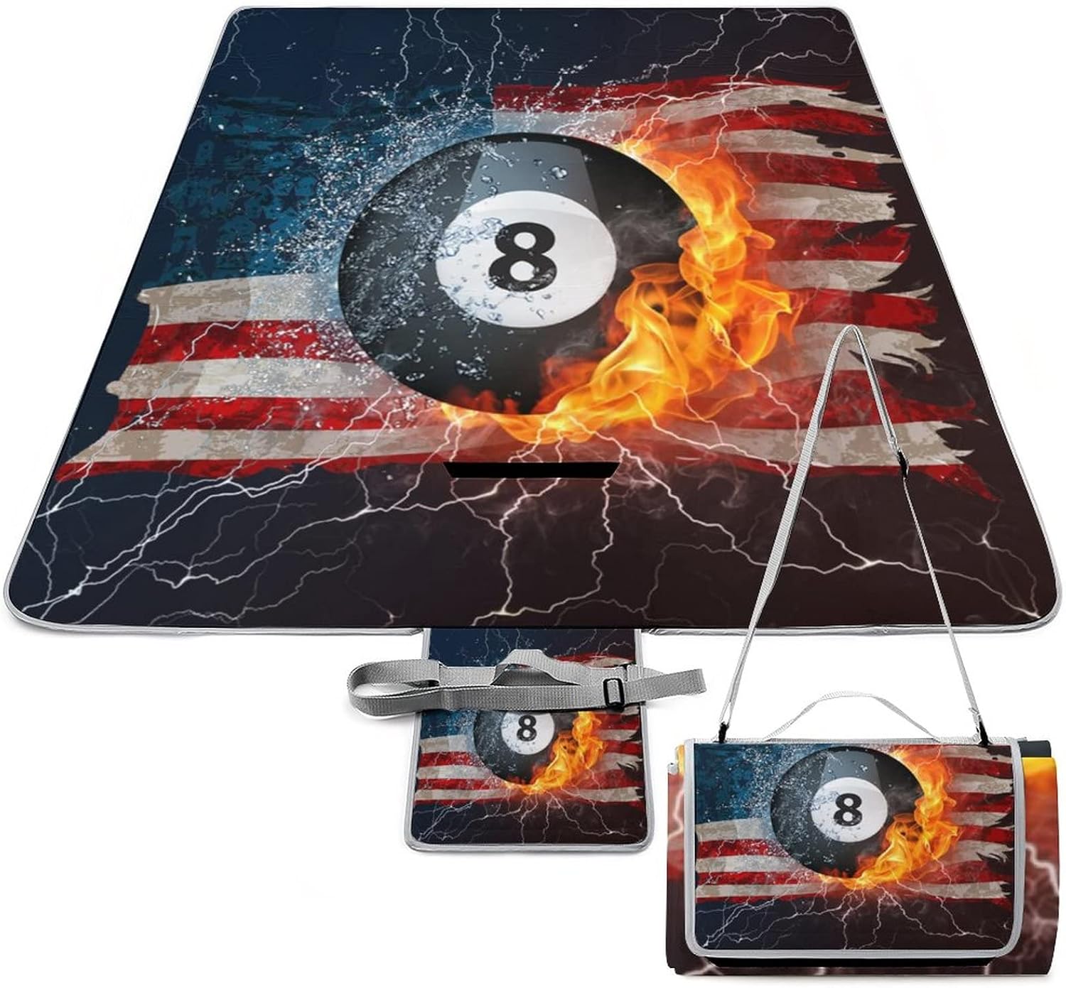Retro Music Theme Beach Picnic Blanket Rustic Nostalgia American Flag Fire Water Records for Outdoor Beach Hiking Camping on Grass Waterproof Sandproof 58.3x58.3 Inch