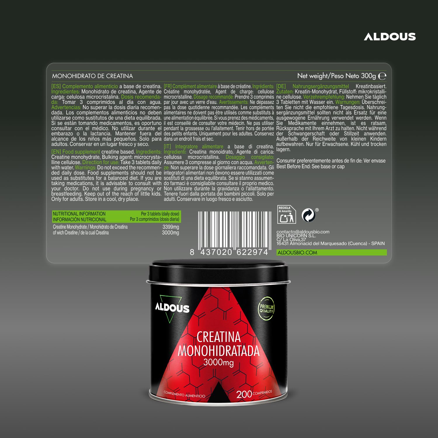 Creatina Monohidratada 3000mg - 200 comprimidos Fáciles de Partir - Recuperador Muscular, Energía, Entrenamiento - Creatina monohidrato - Suplemento Deportivo Potenciador - ALDOUS