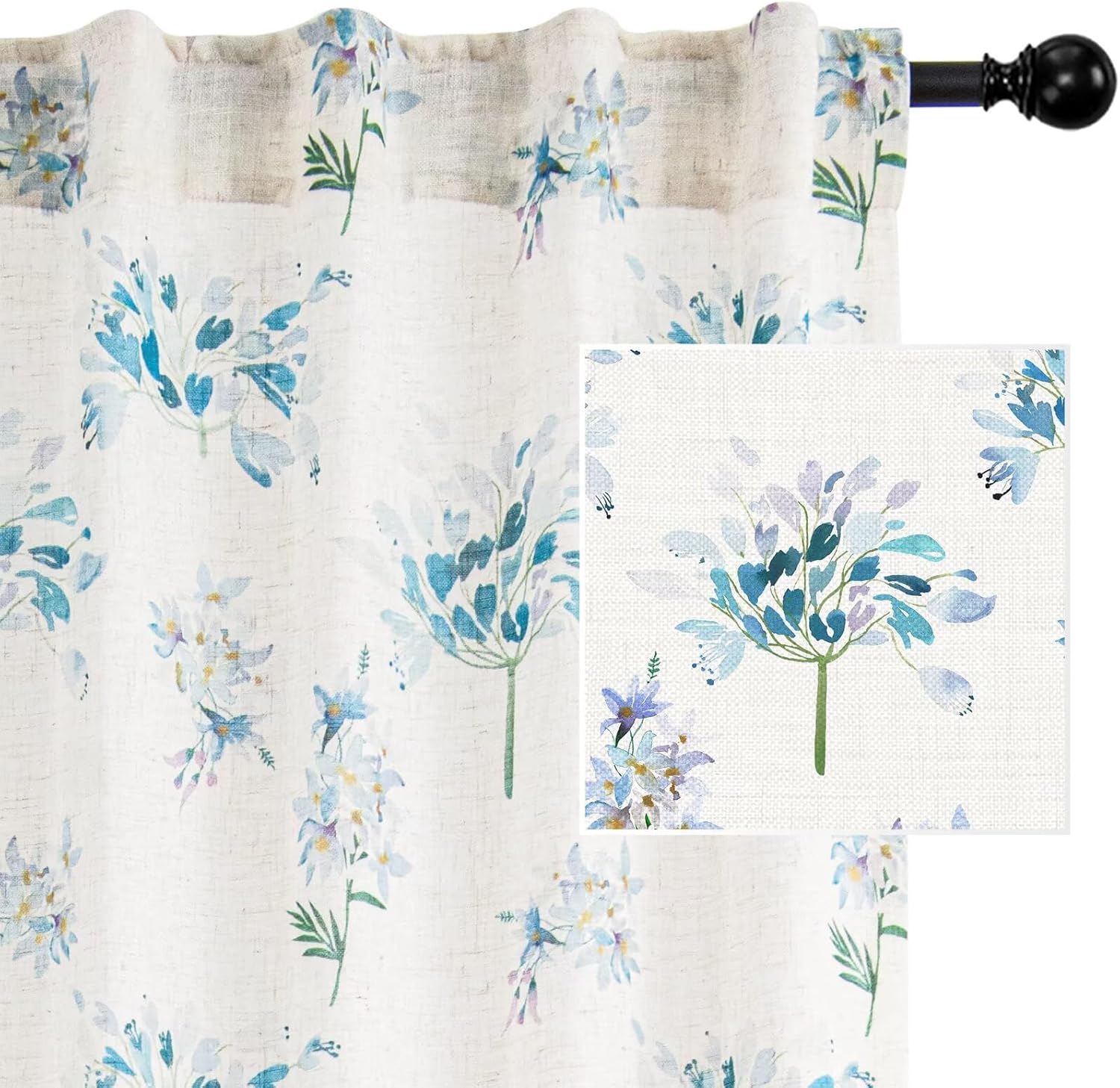 SpaceDresser Linen Curtains 63 Inch Length, Light Filtering Vintage Farmhouse Boho Curtains for Living Room 2 Panels, Rod Pocket Floral Pattern Rustic Drapes with Back Tabs, 52 x 63 inch, Blue Floral