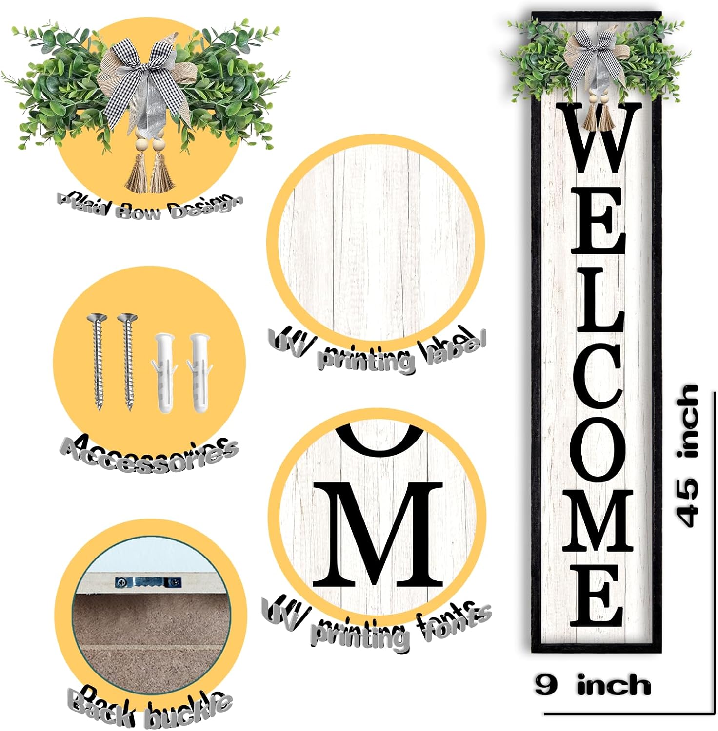 Front Porch for Welcome Standing Sign 45"X9" Vertical Tall Long Leaner Outdoor Front Door Wood Framed Decor (Black)