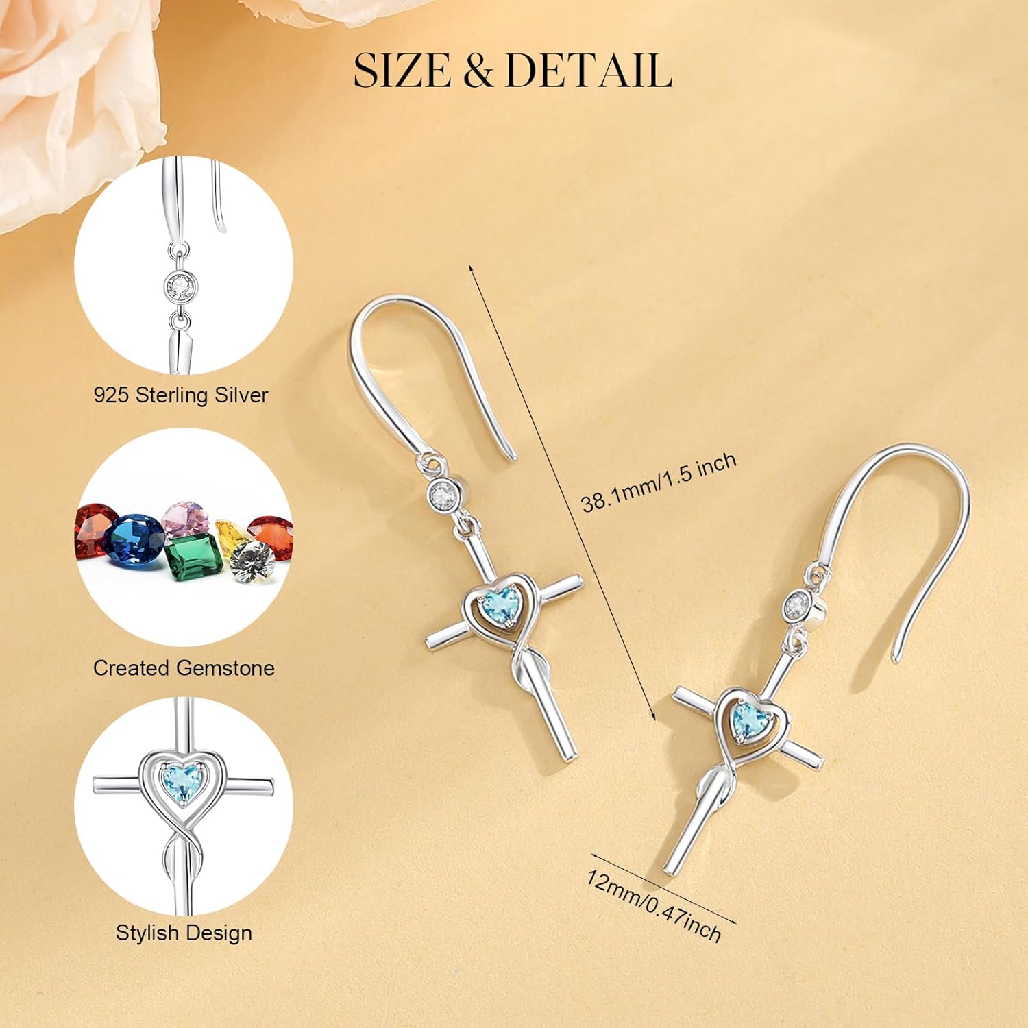 FANCIME Gift for Women Cross Dangle Drop Earrings 925 Sterling Silver Heart Birthstone Earring Fine Jewelry Birthday Gifts for Her Women