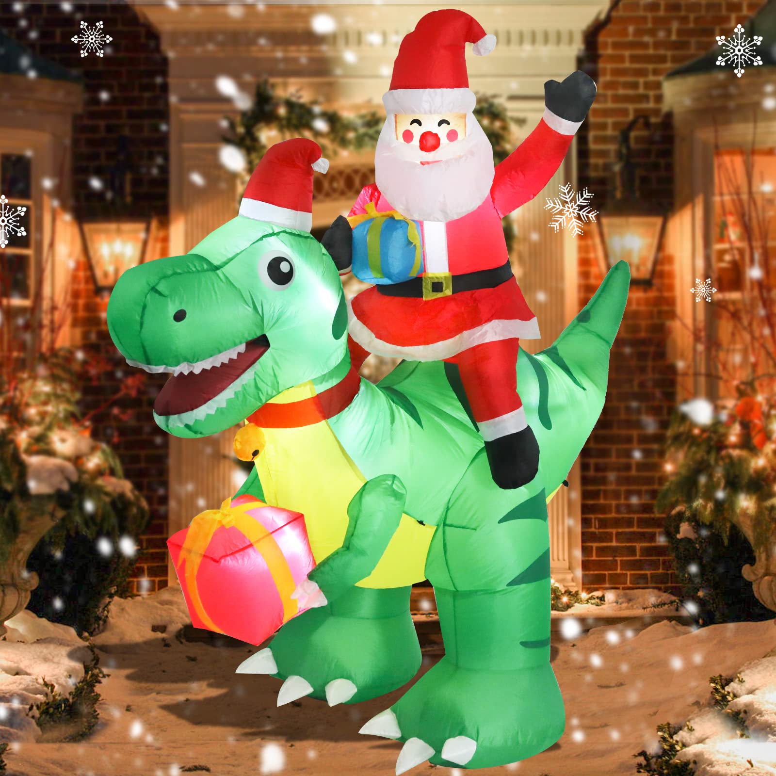 Dinosaurio inflable de Navidad de 6.5 pies de altura, decoraciones inflables de Papá Noel montando en dinosaurio, decoraciones de patio con luces LED integradas para Navidad, fiestas, césped,