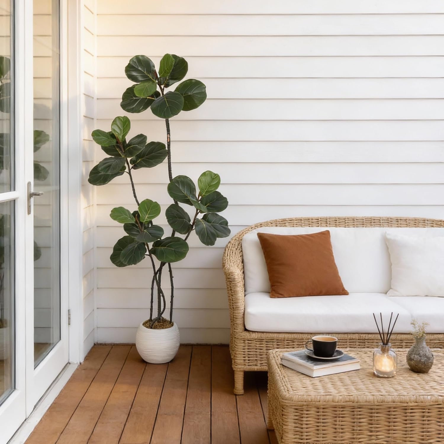 GarveeHome 5FT Artificial Ficus Lyrata Tree, Bendable Boughs, Modern White Pot Included, Perfect for Home Office Living Room Decor Indoor, Tall Artificial Tree for Housewarming Gift