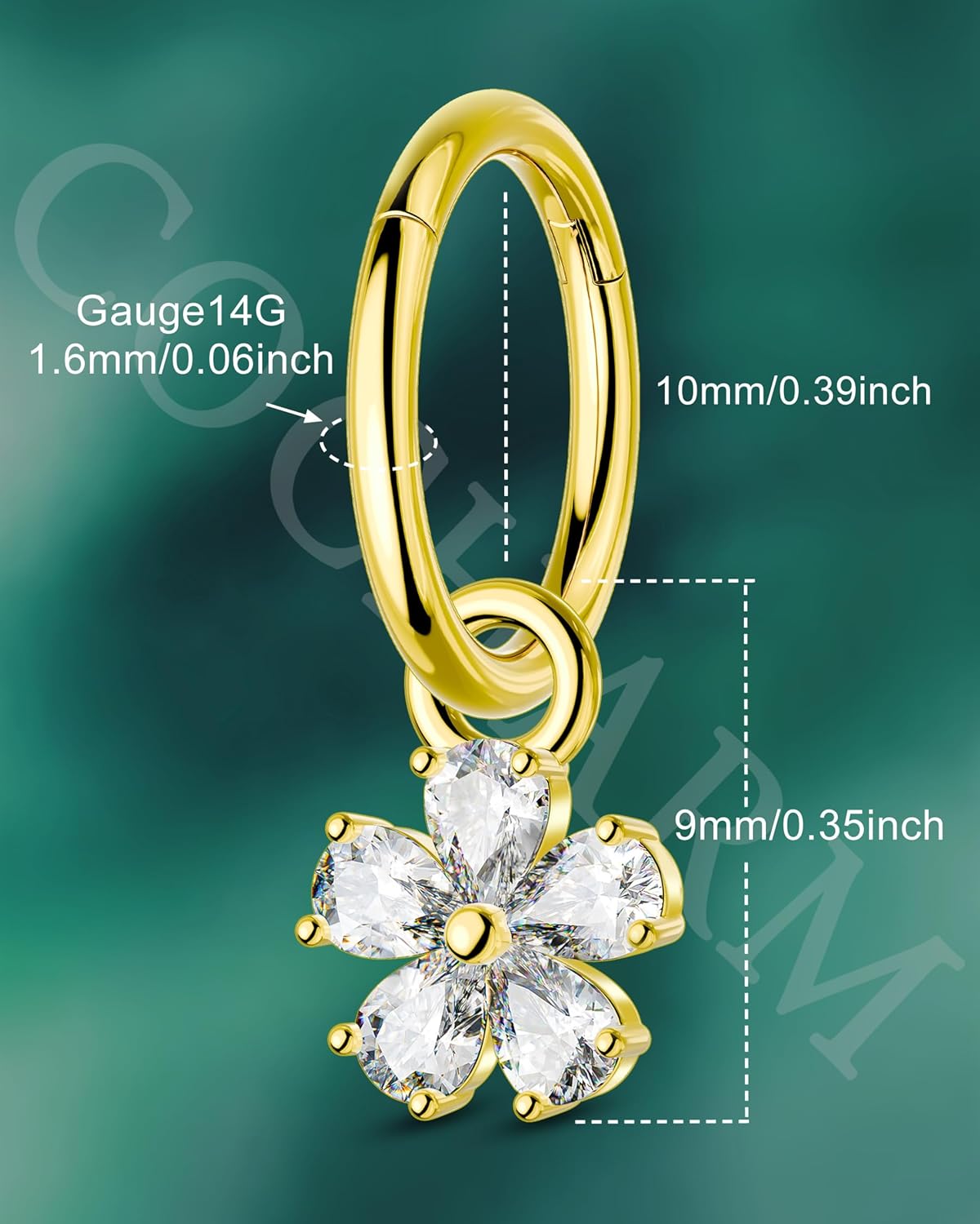 COCHARM Clicker Belly Button Rings 14G Flower Gold Plated Belly Navel Rings for Women Stainless Steel Navel Piercing Jewelry Dangly 8/10MM - Image 3