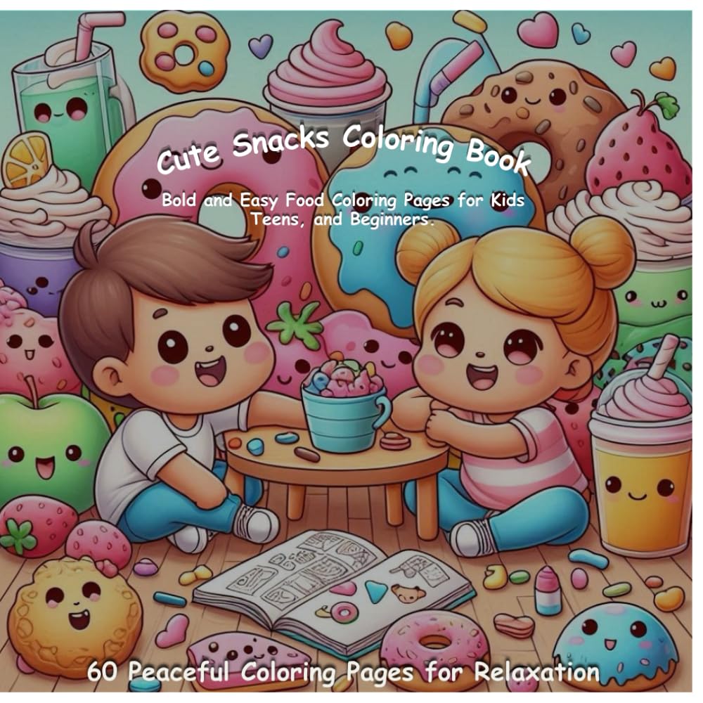 Cute Snacks Coloring Book: Bold and Easy Food Coloring Pages for Kids, Teens, and Beginners.