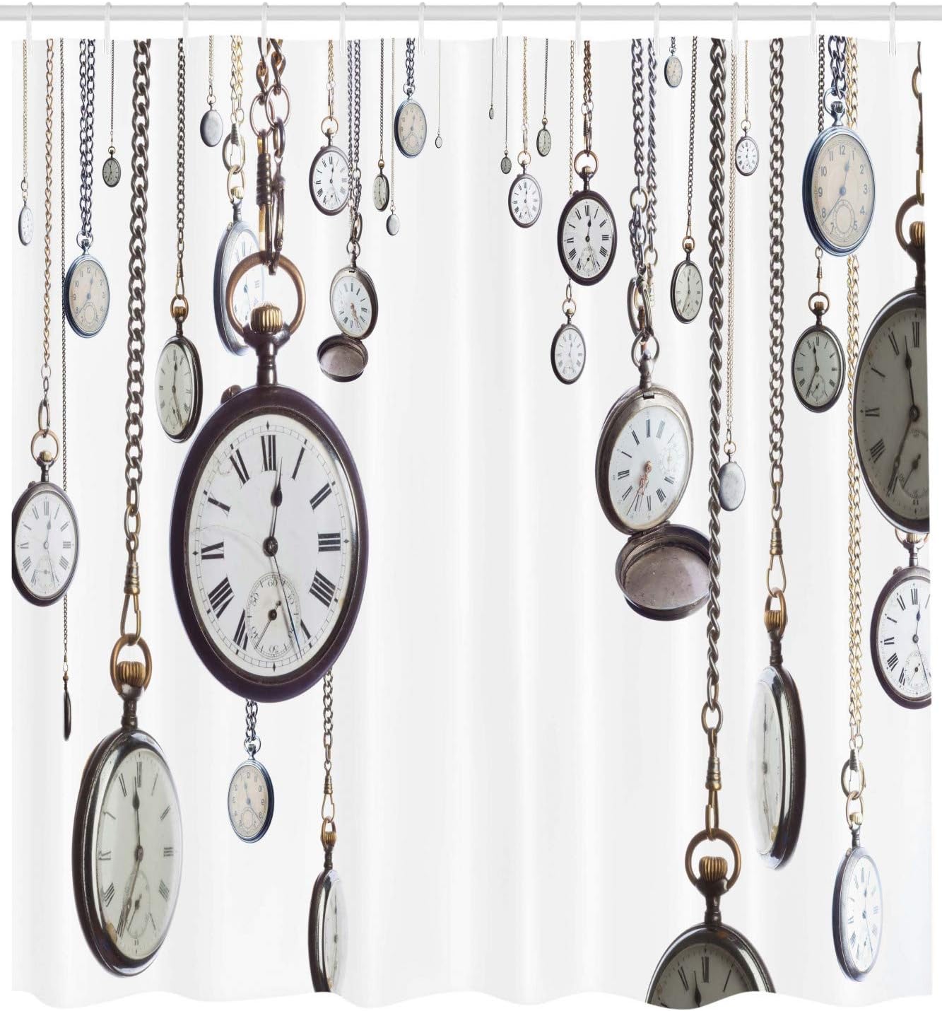 Ambesonne Antique Shower Curtain, Many Old Fashioned Pocket Watch on Chain Clocks Chronometer Hours Antique, Cloth Fabric Bathroom Decor Set with Hooks, 69" W x 70" L, Silver White