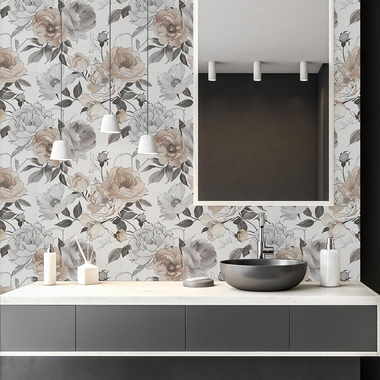 Vintage Rose Grey Leaf Peel and Stick Wallpaper Pale White brown Floral Peony Flowers Easy Peel Off Self Adhesive Removable Stick on Wall Paper for Kitchen Cabinet Renter Friendly 17.71”x118.1”