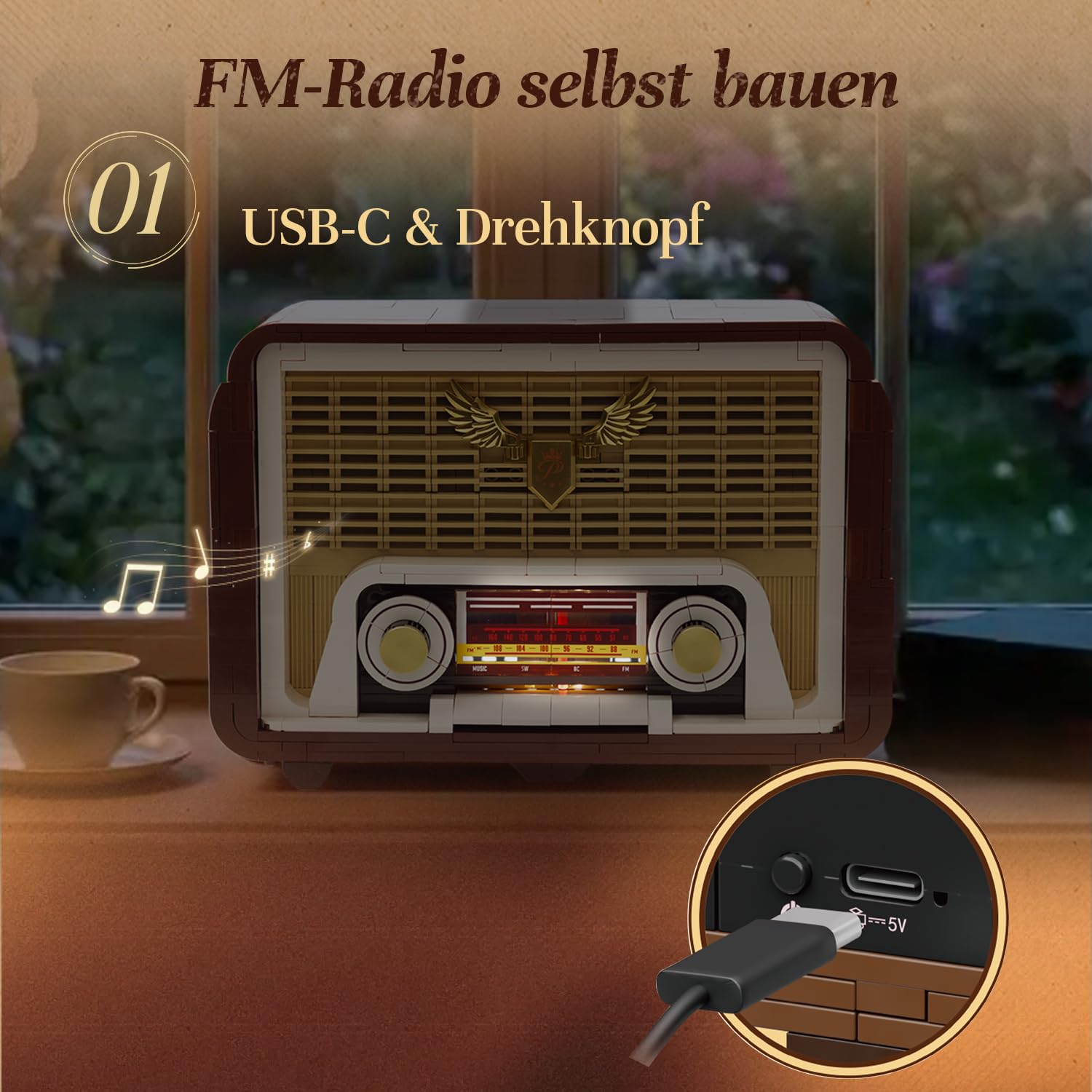 PANTASY Vintage Radio Klemmbaustein-Set für Erwachsene, Retro Radio Modell mit Lichtmodul und beweglichem Abstimmknopf, Handy-Lautsprecher Verstärker Elektronikstruktur, Deko Geschenk