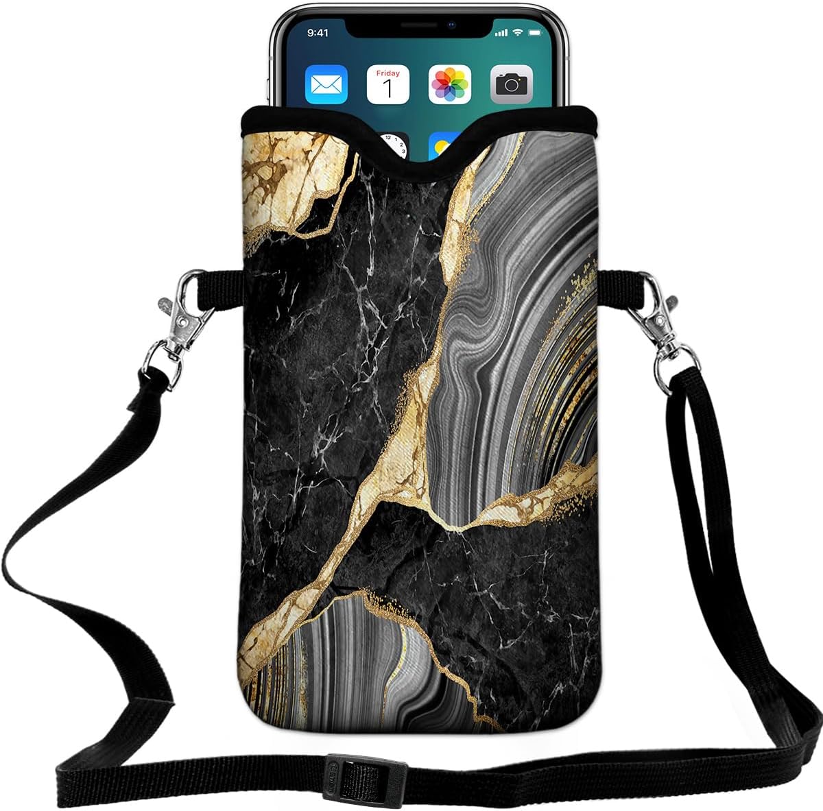 Universal Neoprene Cell Phone Pouch 7.1 X 4 in Mobile Protection Case Bag with Crossbody Strap/Neck Lanyard Black Marble Printed Pattern