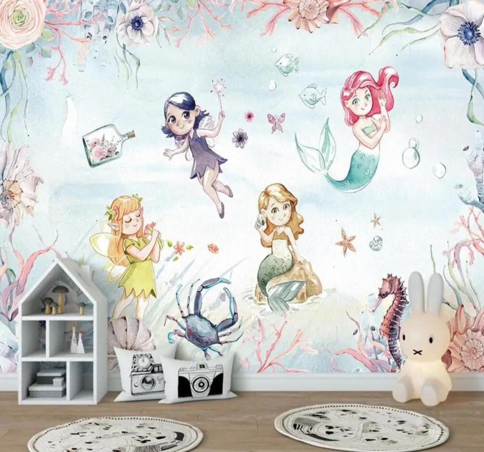 Tzxztt Girls 400Cm×280Cm(B×H) Hand Drawn Cute Fairy Mermaid Modern 3D Wallpaper Premium Textured Silk Neutral Tones Material Ideal For Living Room Bedroom-400Cm×280Cm