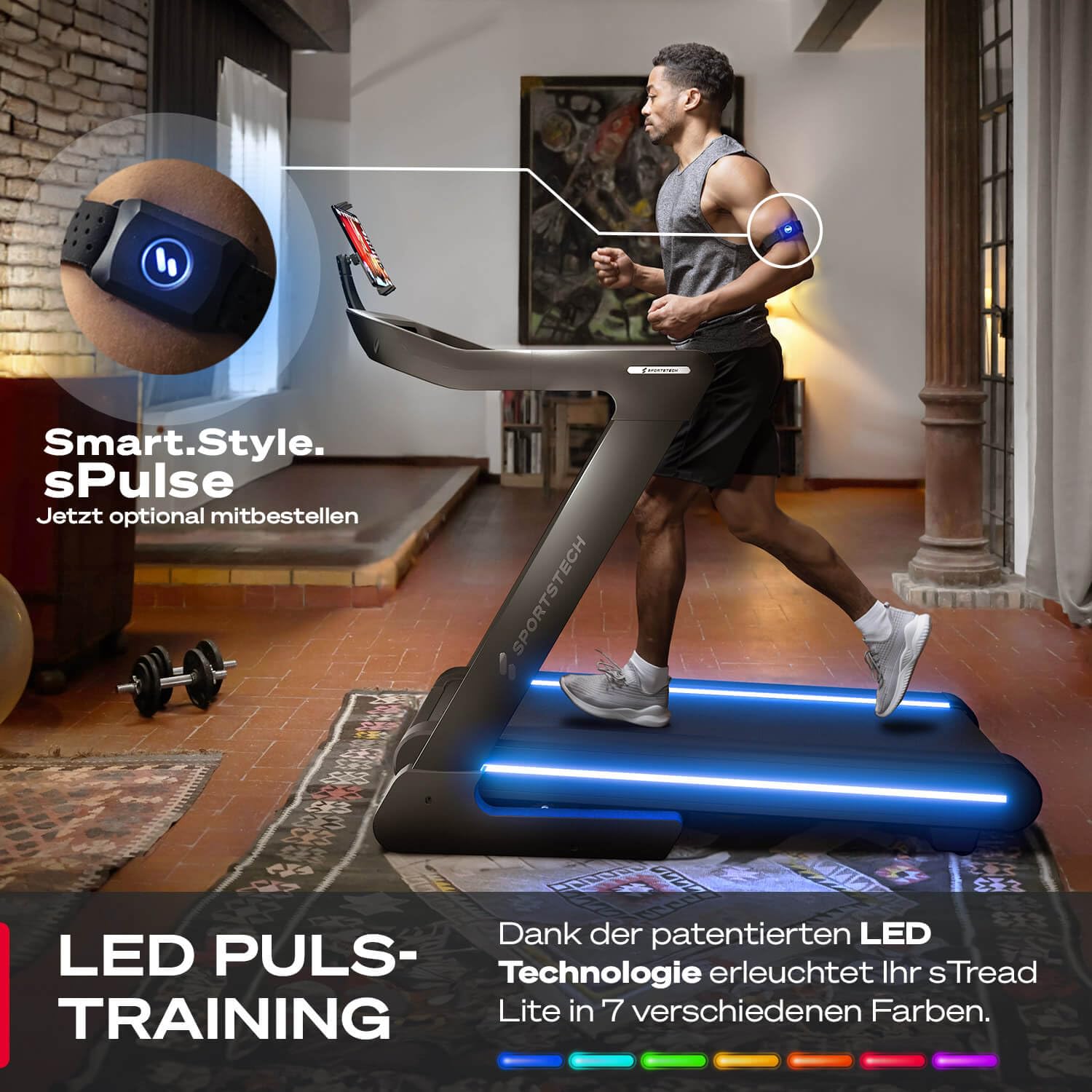 User running on Sportstech sTread Lite Treadmill with LED lights changing color, and a close-up of a pulse sensor on the arm