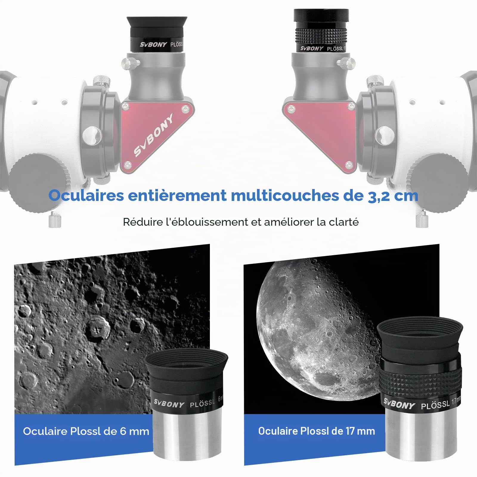 Svbony SV233 Oculaire Télescope Astronomique Kit, PLOSSL 6 mm, 17 mm Oculaire, 2X Lentille de Barlow, Lunaire, ND4, 82 A Couleur Filtre, Un Sac Portable, pour L'observation des Planètes