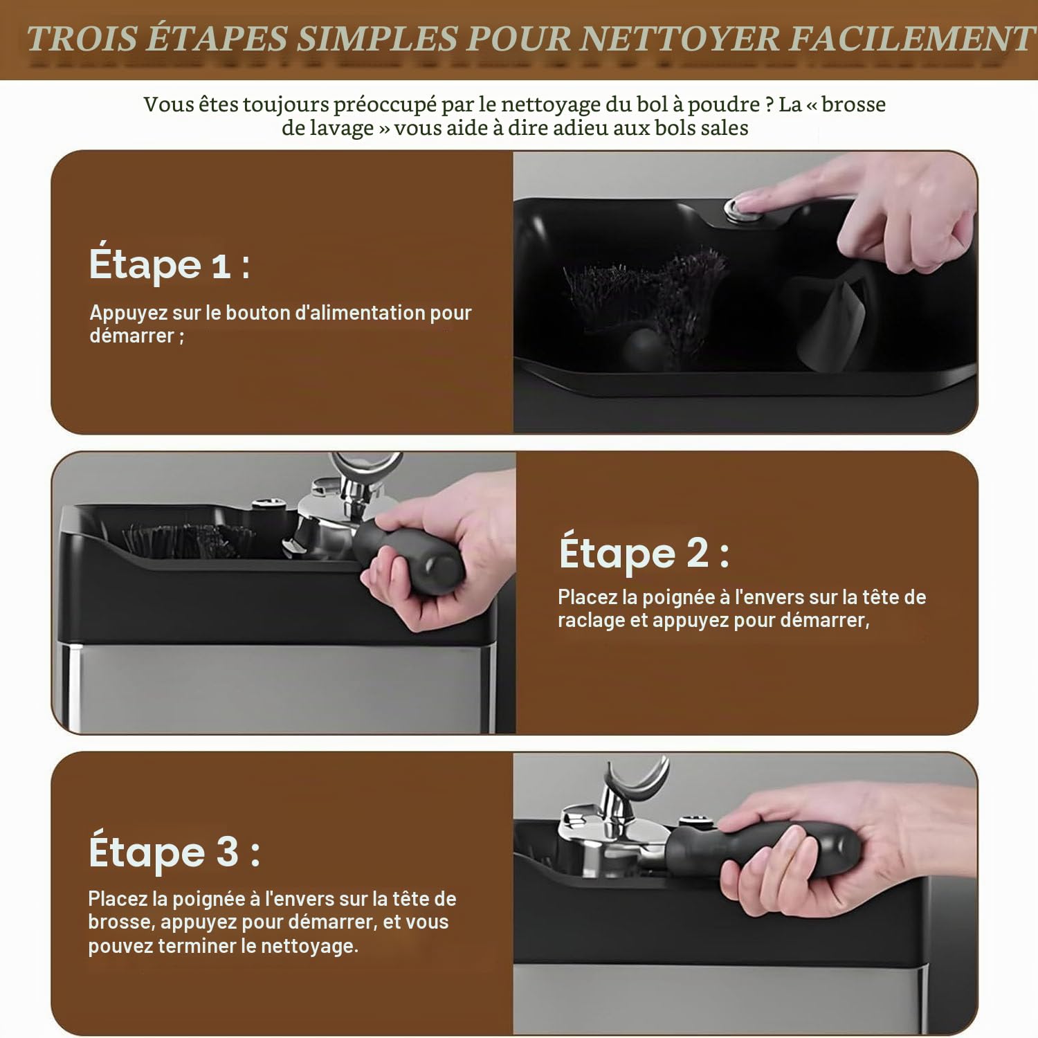 Nettoyeur de Porte-Filtre à café électrique, Nettoyeur de poignée de Marc de café, têtes de Brosse Doubles, Rotation 300/min, pour cafés domestiques ou commerciaux Silver