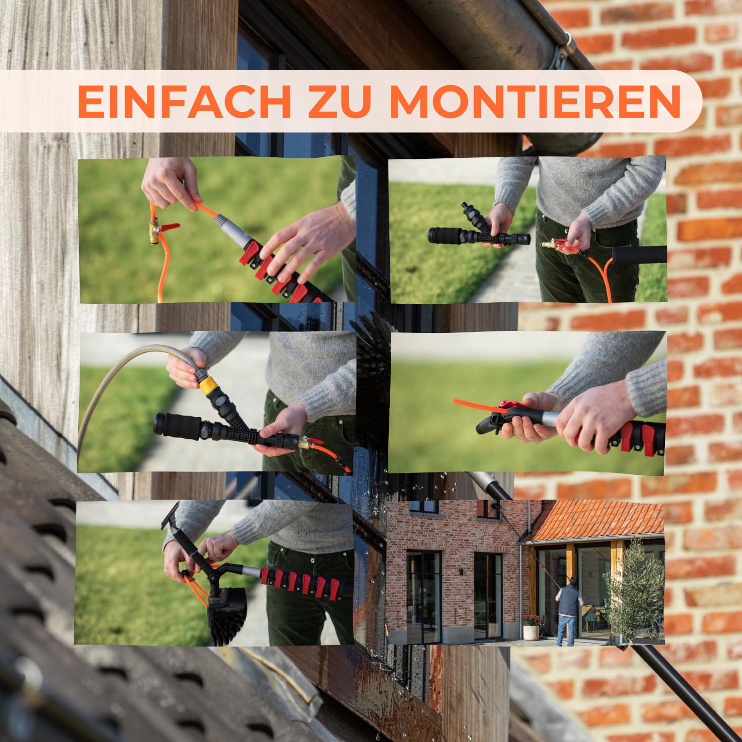 aquascopic 2-in-1 Teleskopstange mit 5-Flächen-Bürste und Fensterwischer– Fensterputzer längenverstellbar – 10m – Fensterreiniger für Sonnenkollektoren - Interner Wasserschlauch