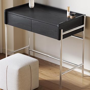 Black Vanity Desk Without Mirror, 35.43" Modern Vanity Table with 2 Drawers, Simple Makeup Desk with Metal Frame, Small Dressing Table for Bedroom, Apartment or Girls Room, Easy Assembly