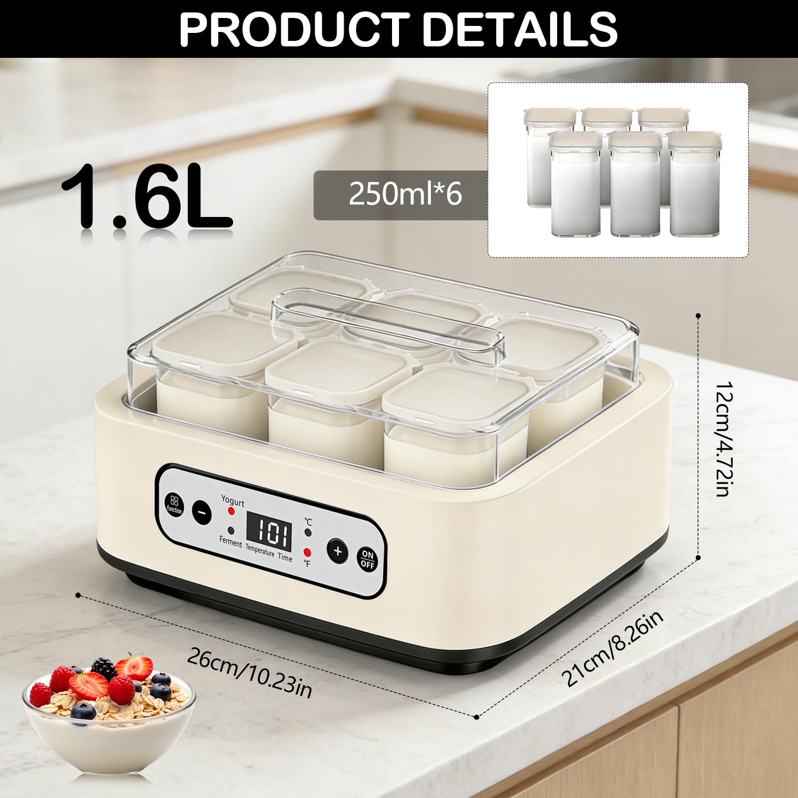 Yogurtiera, Macchina per Yogurt da 1,6L con 6 Vasetti da 250 ml Yogurtiera con Impostazione del Timer da 1 a 99 ore Controllo Della Temperatura da 21 a 48°C e LCD Display per Yogurt Natto Vino di Riso