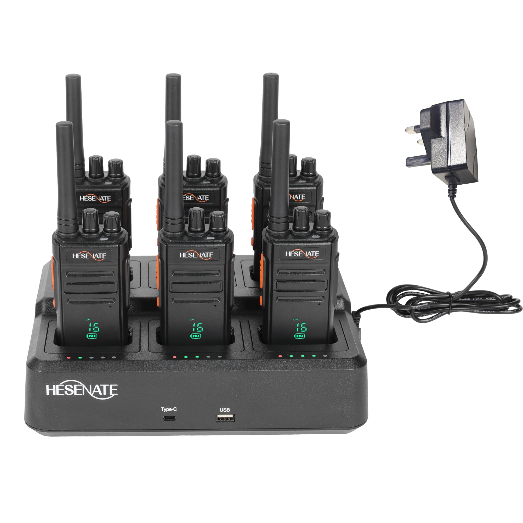 HESENATE HT66 PLUS Display PMR446 Walkie Talkies for Adults, Long Range Rechargeable 2 Way Radio with 6 Way Charger, USB-C Charging, VOX, for School, Construction, Warehouse, Outdoor (Black, 6 Pack)