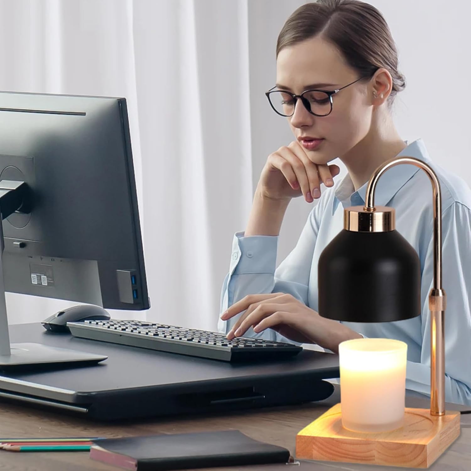 キャンドル ウォーマー ライト、タイマー付きキャンドル ウォーマー ランプ,多機能アロマセラピーランプ天然無垢材テーブルランプ -