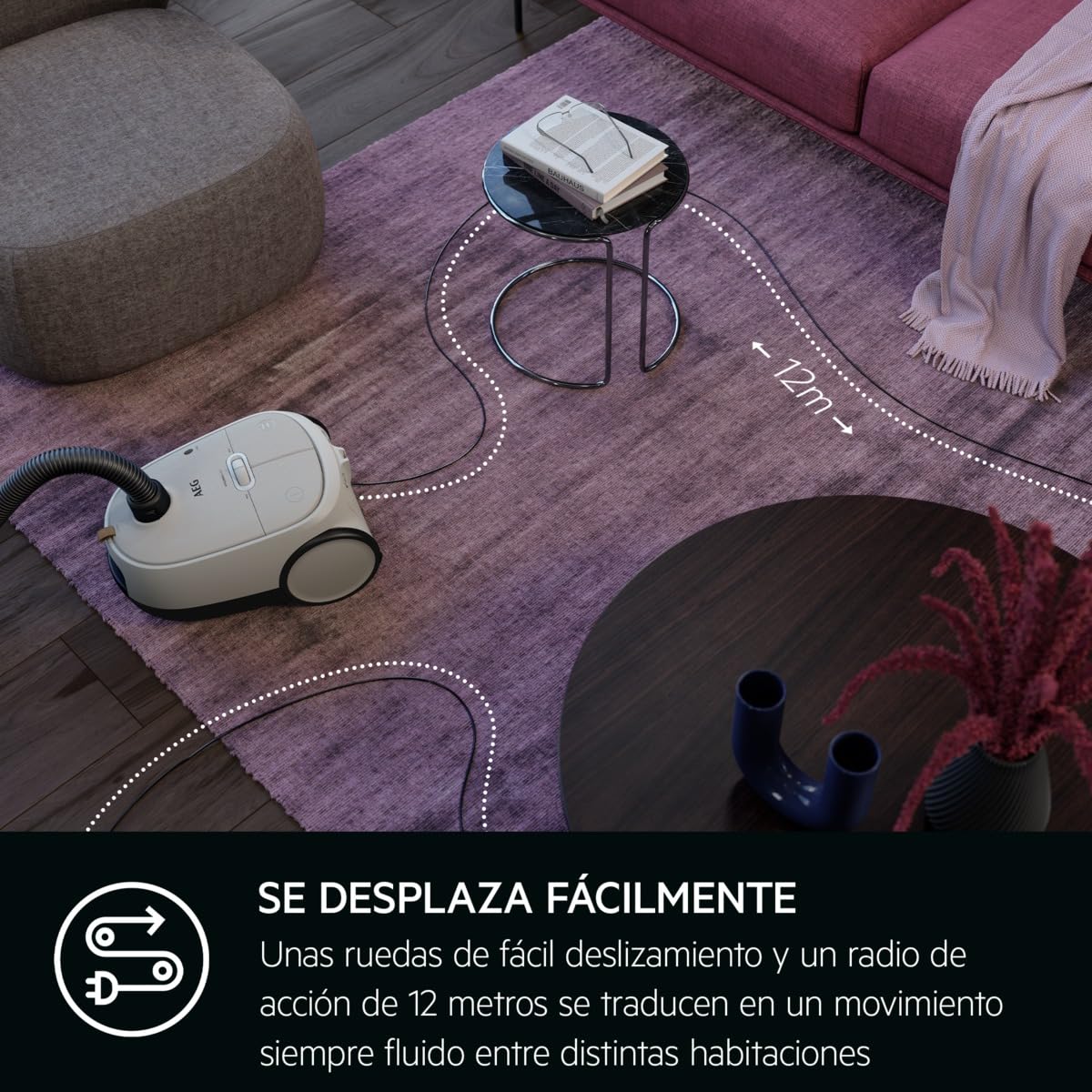 AEG AB61H6SW Aspiradora de Trineo con Bolsa, 850W de Potencia, 3,5L de Capacidad, Radio de acción 12m, Ruedas XL, Filtro Lavable, 3 cepillos + 3 Accesorios, 10 años garantía, Blanco