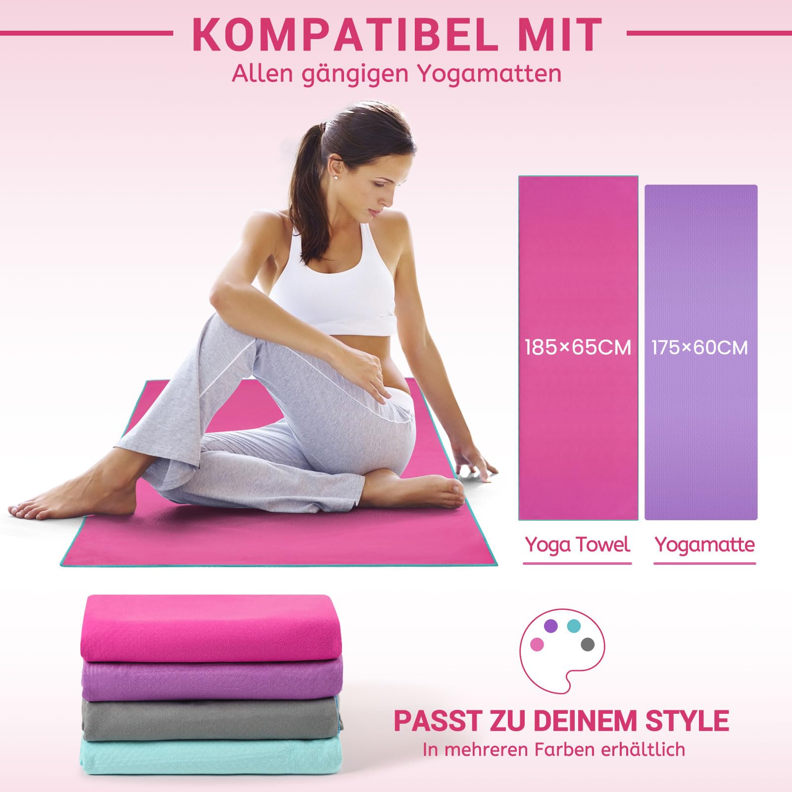 Novent Toalla de yoga antideslizante, 185 x 65 cm, toalla de yoga de microfibra con puntos antideslizantes, almohadilla higiénica para esterilla de yoga caliente, estudio y fitness, lavable