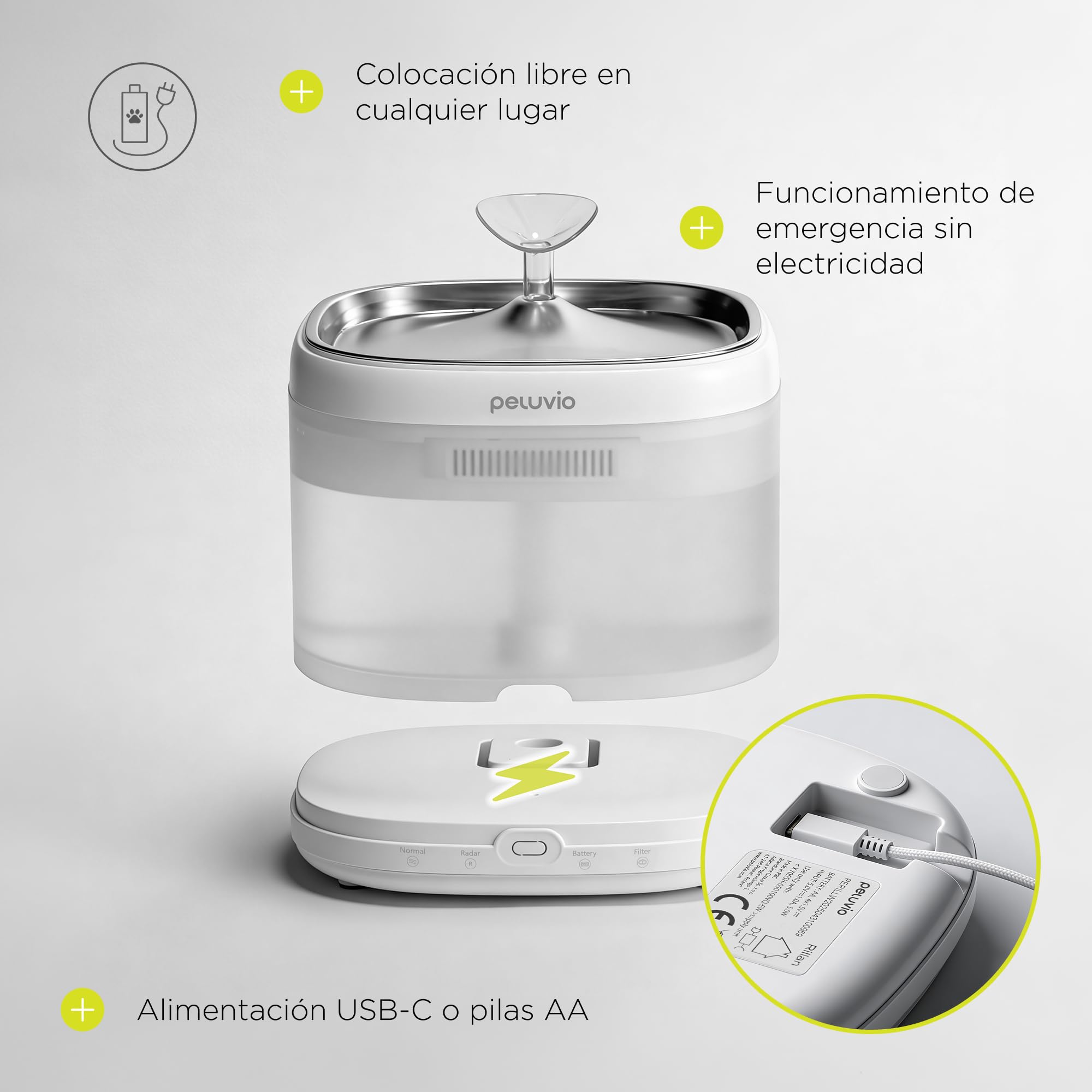 Rillan Fuente de Agua para Gatos Silenciosa con Sensor de Movimiento, Bebedero Automático con Filtro de Carbón Activo, Apagado Automático, Depósito Claro, USB-C o Pilas AA, 2 Filtros, 2 L