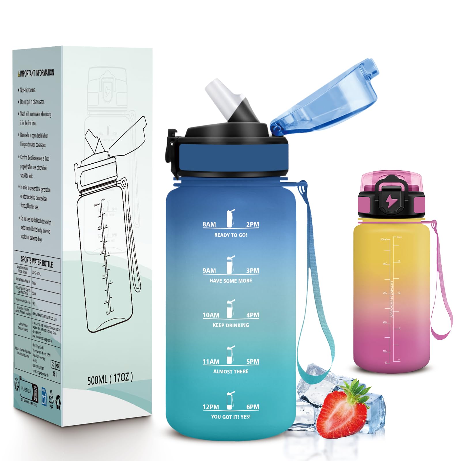 Mujigaga 500ml Water Bottle, Kids Water Bottle, Easy to Clean, Motivational Bottle with Straw, Leak Proof, Water Bottles with Time Indicator for Office, Cycling, School, Gym