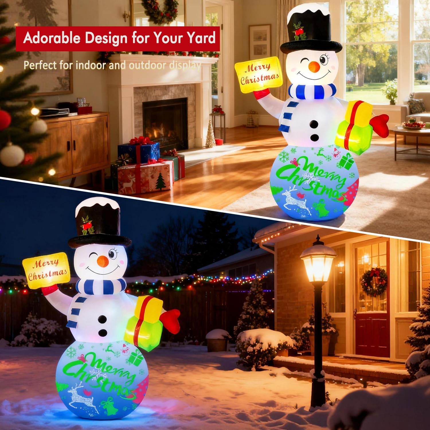 6FT Christmas Inflatables Snowman Outdoor Christmas Decorations Blow Up Snow Man Decor Built-in Rotating Music Box LED Light Wear Magic Hat for Indoor Yard Holiday Party Garden Xmas New Year