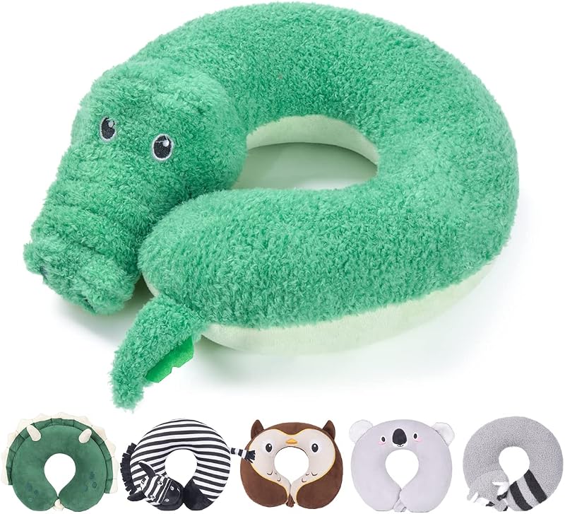 H HOMEWINS Almohada de viaje para niños, linda almohada de cuello de animal para niños y niñas, almohada suave para soporte de barbilla, accesorios de viaje para avión, auto, tren, reclinable (cocodrilo)