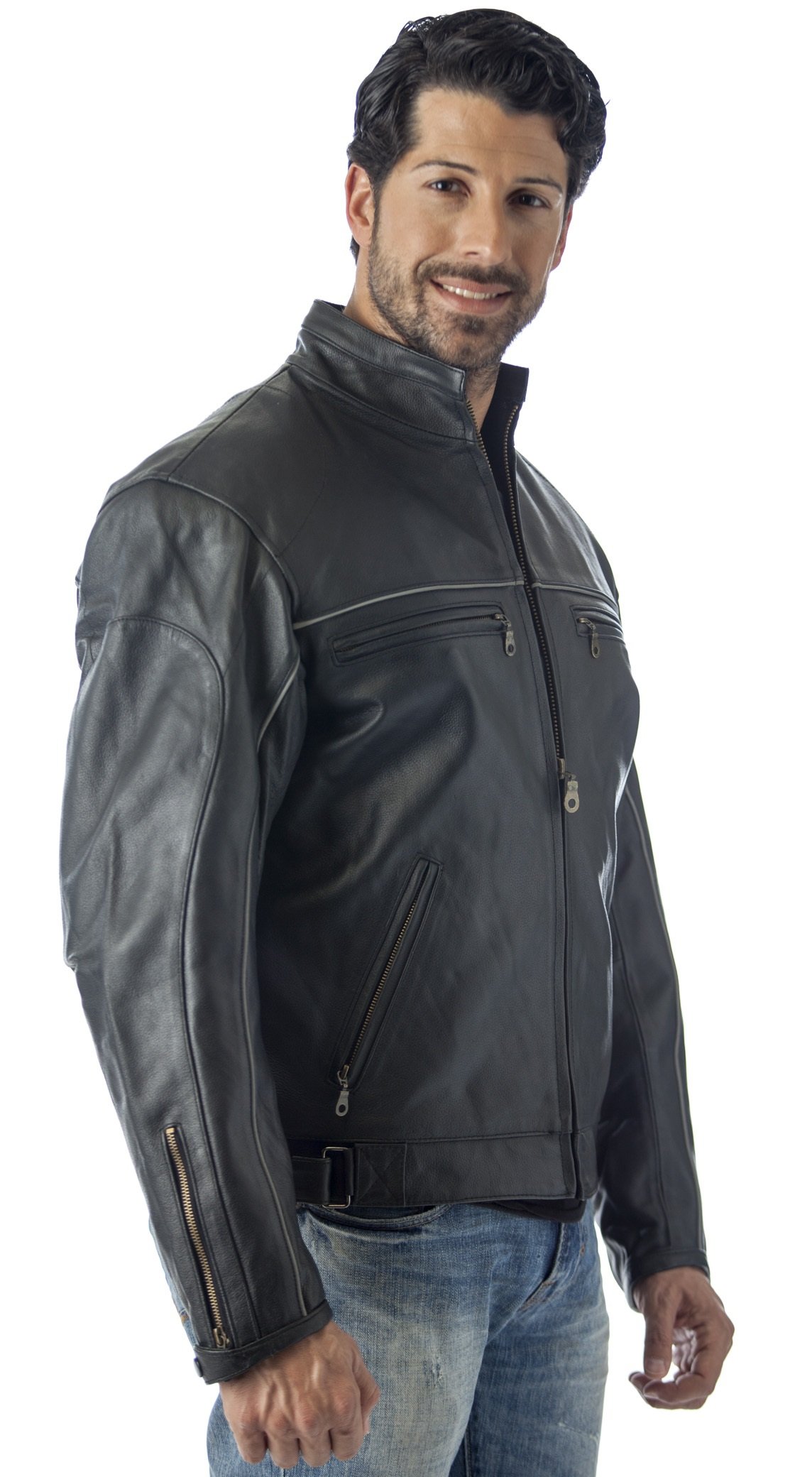 REED Mens Vented Leather Motorcycle Jacket with Light Reflector — view 2