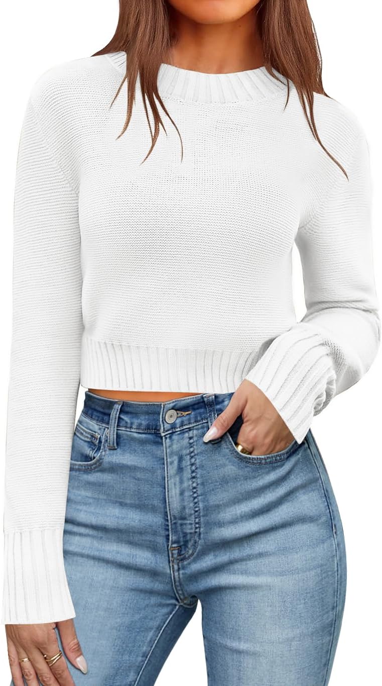 QACOHU Spring Sweaters for Women Long Sleeve Ribbed Knit Pullover Jumper Tops 2026 Crewneck Cropped Sweater