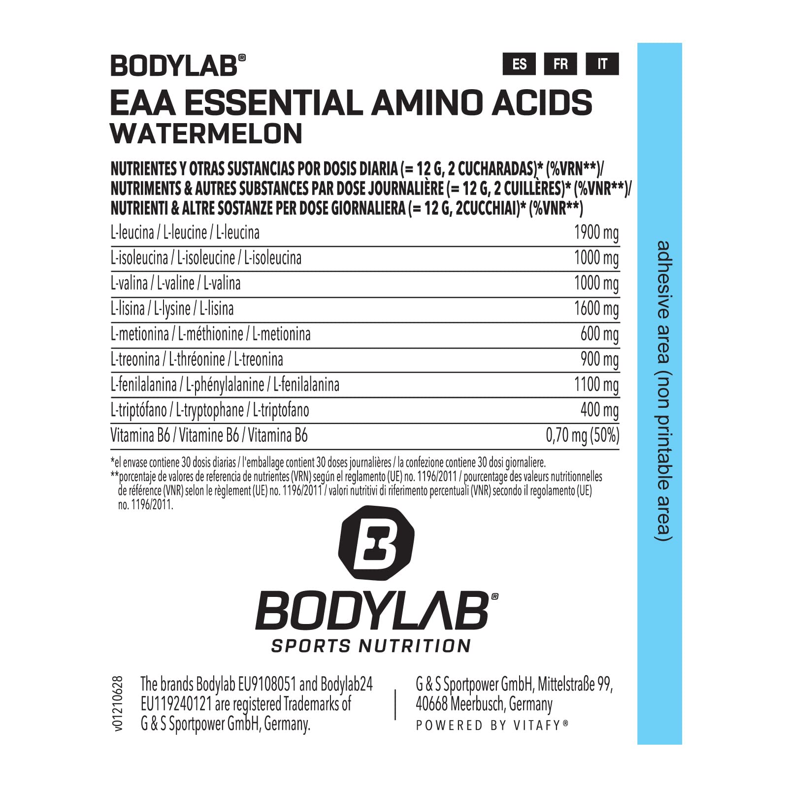 Bodylab24 EAA Essential Amino Acids Anguria 360g, 8 aminoacidi essenziali in alte dosi, tutti i BCAA & EAA inclusi, vitamina B6, EAA in polvere, delizioso gusto fruttato