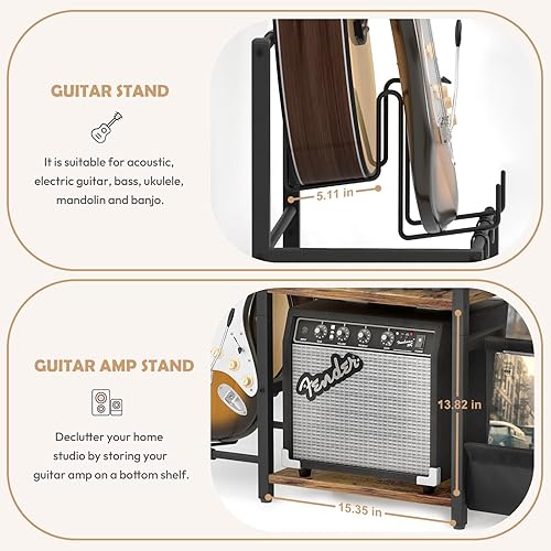 Miniatura 4 de Bikoney Soporte para tocadiscos, soporte para guitarra acústica, guitarra eléctrica, bajo con soporte para amplificador, almacenamiento de discos de