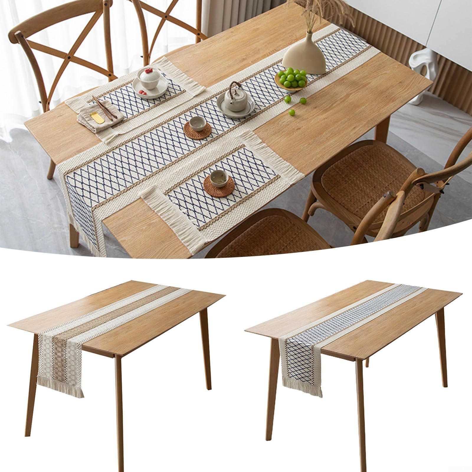 Set 4 Runner Da Tavola Boho In Iuta Con Nappe - 30,5x183 Cm - Verde, Blu, Bordeaux, Kaki - Decorazione Rustica