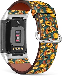 Compatible with Fitbit Charge 5 , Patterned Leather Replacement Band (Thanksgiving Turkey Pumpkin Cupcake)