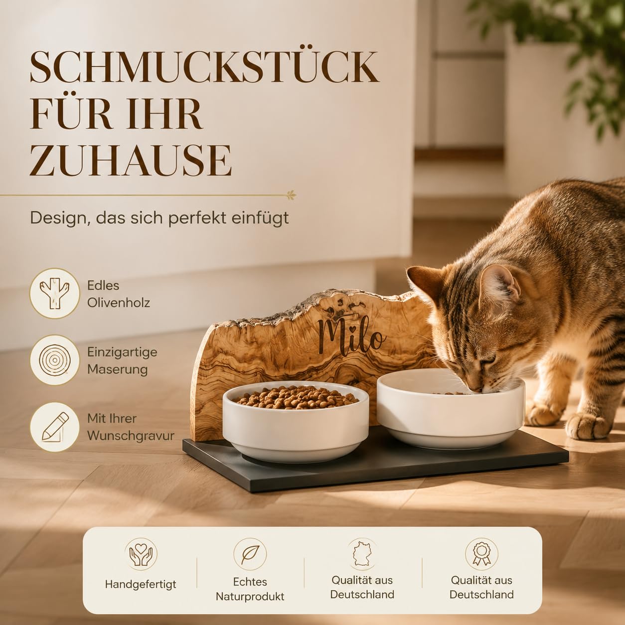 Futterstation personalisiert, Olivenholz - Futterbar mit Gravur und 2 Fressnäpfen für Katzen und Hunde