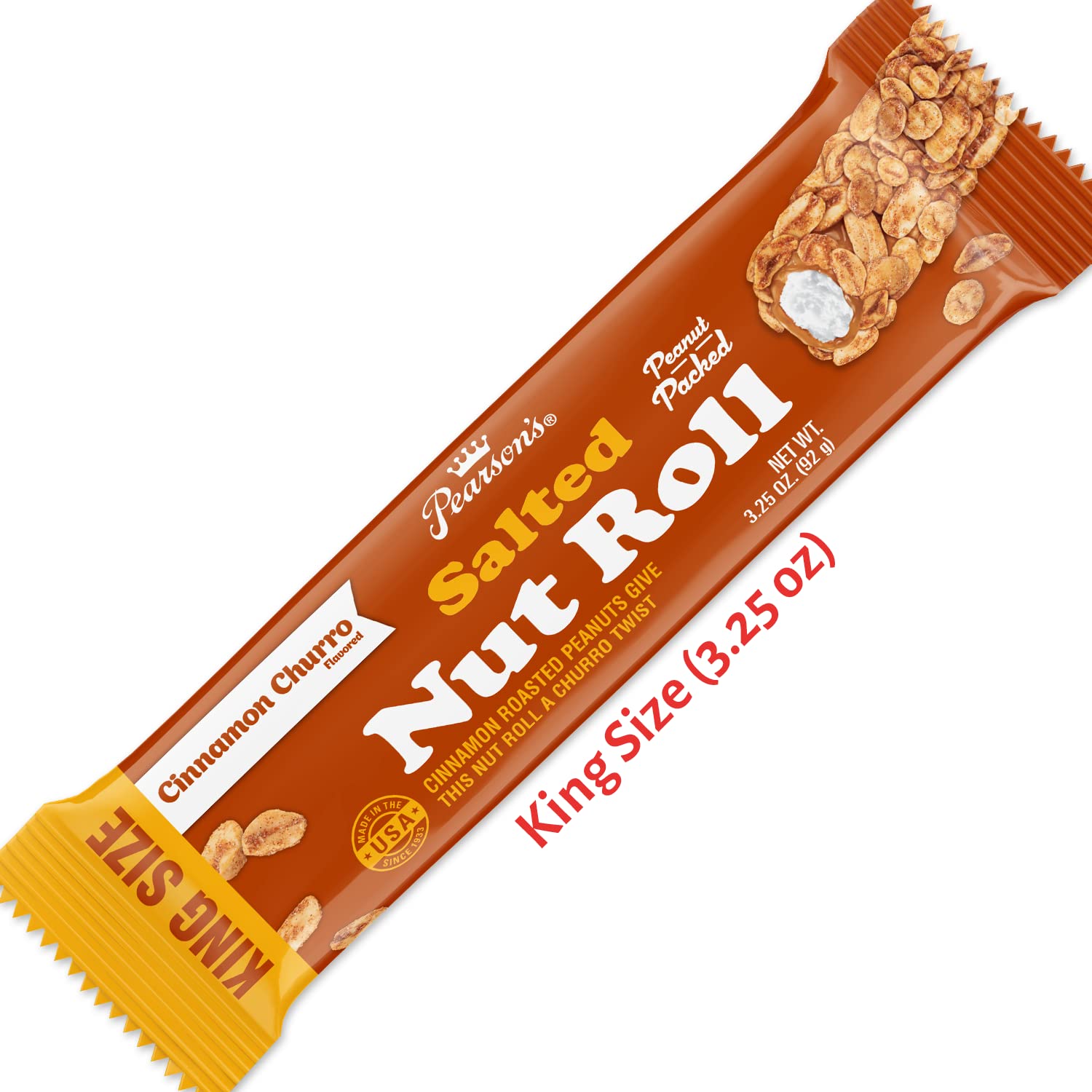 Pearson's Cinnamon Churro Salted Nut Roll | Loaded With Crunchy Roasted Peanuts, Golden Caramel, and Chewy Nougat | Pack of 18-3.25 oz. King-Sized Candy Bars