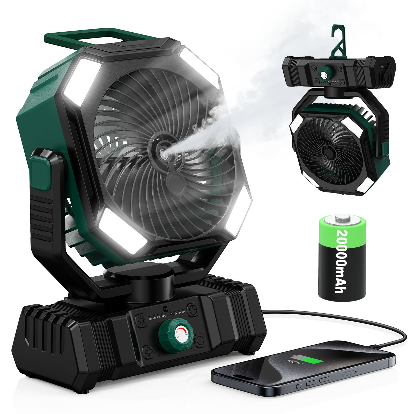 Ventilatore Nebulizzatore Portatile, Batteria 20000mAh Ricaricabile, Serbatoio 300ml, Oscillazione 45°-90°, Rotazione 270°, Timer, Luci LED, per Campeggio, Esterno, Scrivania
