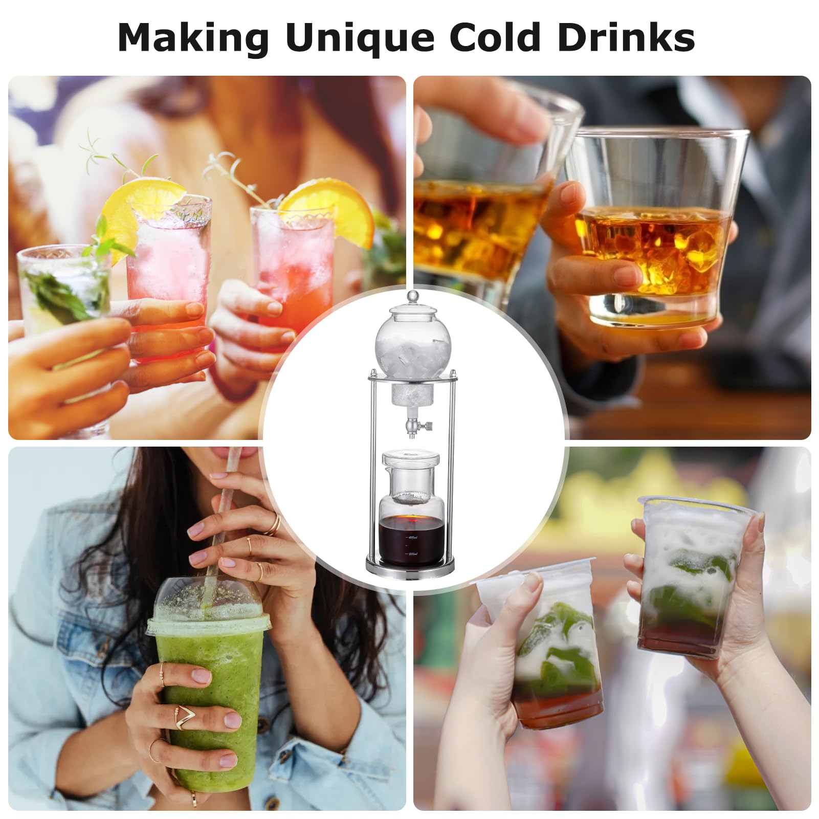 Ice Cold Brew Dripper Coffee Maker, Macchina caffè americano,Cold Brew Drip Tower 600ml Riutilizzabile Filtraggio in Vetro Supporto in Acciaio Inossidabile Trasparente DIY Ice Coffee Brew Tower