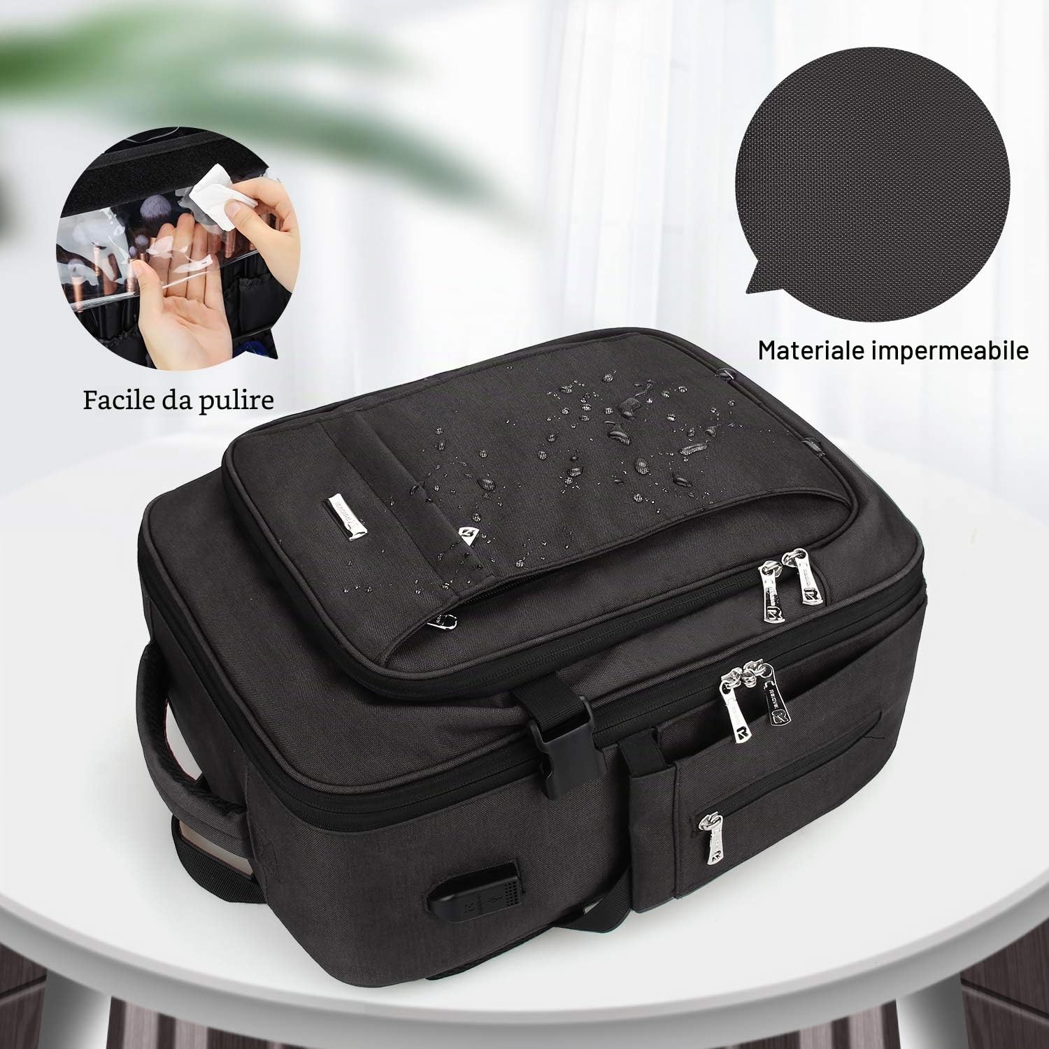 Relavel Borsa per trucco portatile da viaggio, grande organizzatore professionale con cinghia regolabile e separatori