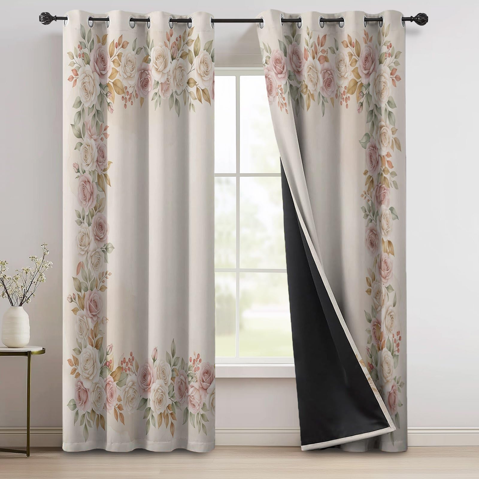 Cortinas opacas estilo rústico francés, rosas botánicas, flores, bayas, cortina opaca beige y rosa, cortina térmica para dormitorio, habitación infantil, 220 x 140 cm (juego de 2)