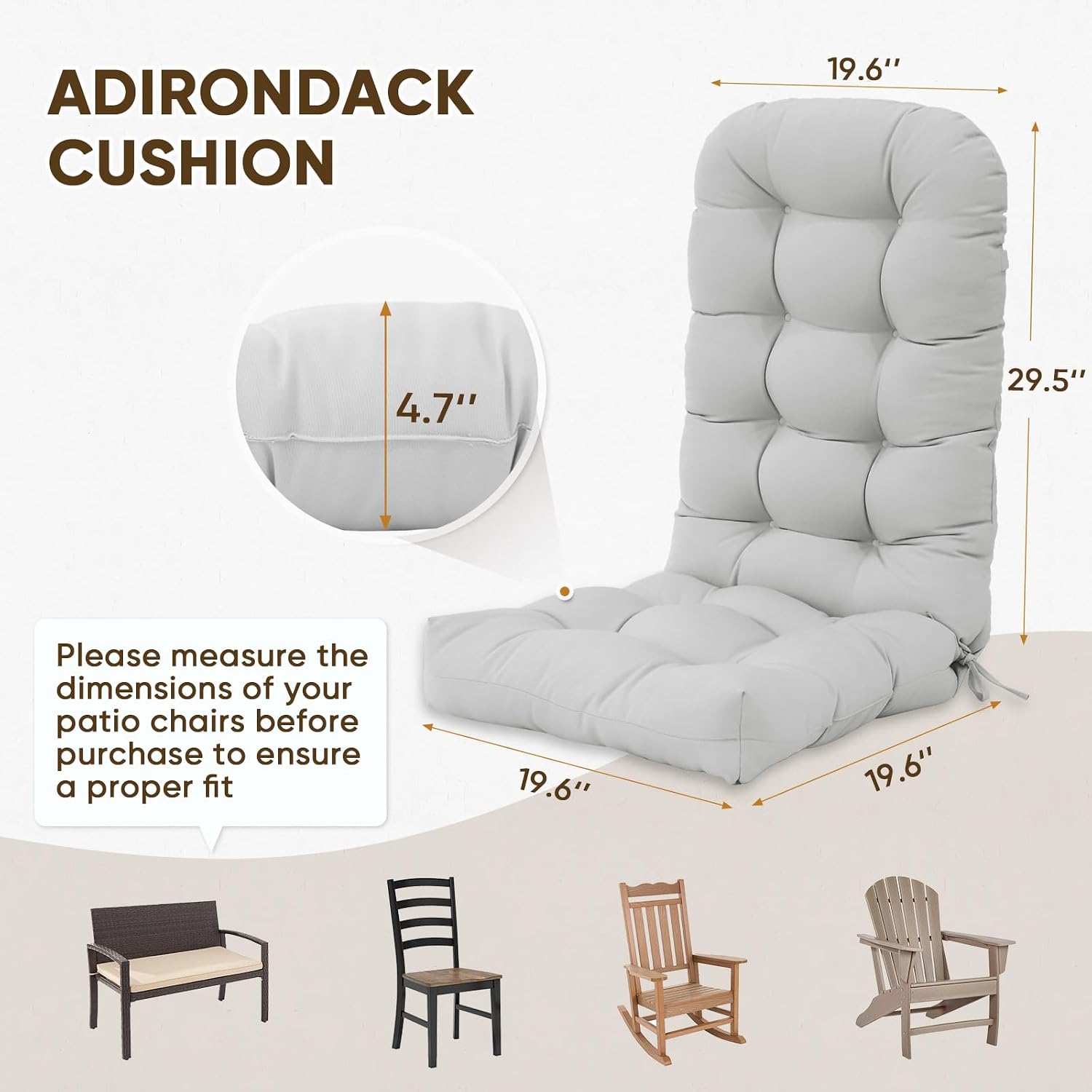 COOS BAY High Back Adirondack Chair Cushions for Outdoor Furniture, 49x20x5 in Water-Resistant Thick Tufted Patio Chair Cushions with Secure Straps, 1 Pack, Light Gray