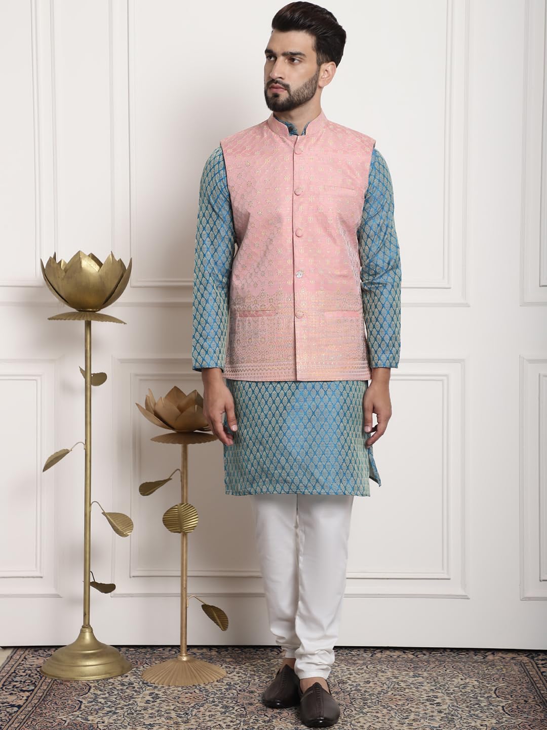 Sojanya (Since 1958 Men's Jacquard Silk Teal Green Kurta And Cream Pyjama With Blue Nehrujacket